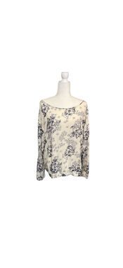 Tennis split back blue and white toile pattern long sleeve wide neck blouse - M